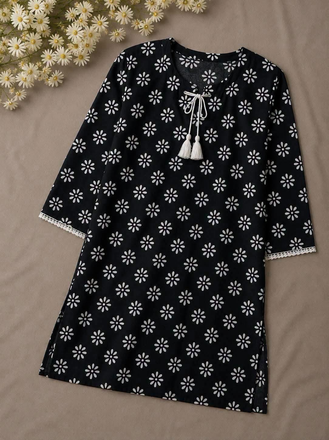 Trendy Screen Printed TC Cotton Short Kurti with Tassel
