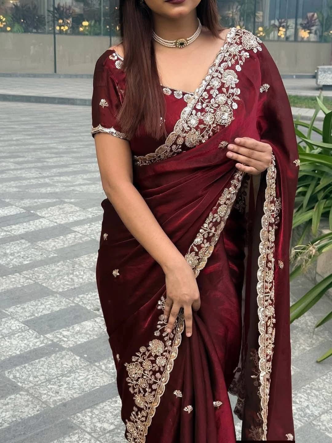 Indian Fendi Silk Saree with Sequins Embroidery Work