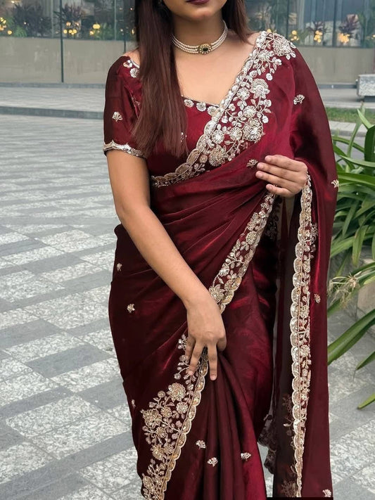 Indian Fendi Silk Saree with Sequins Embroidery Work