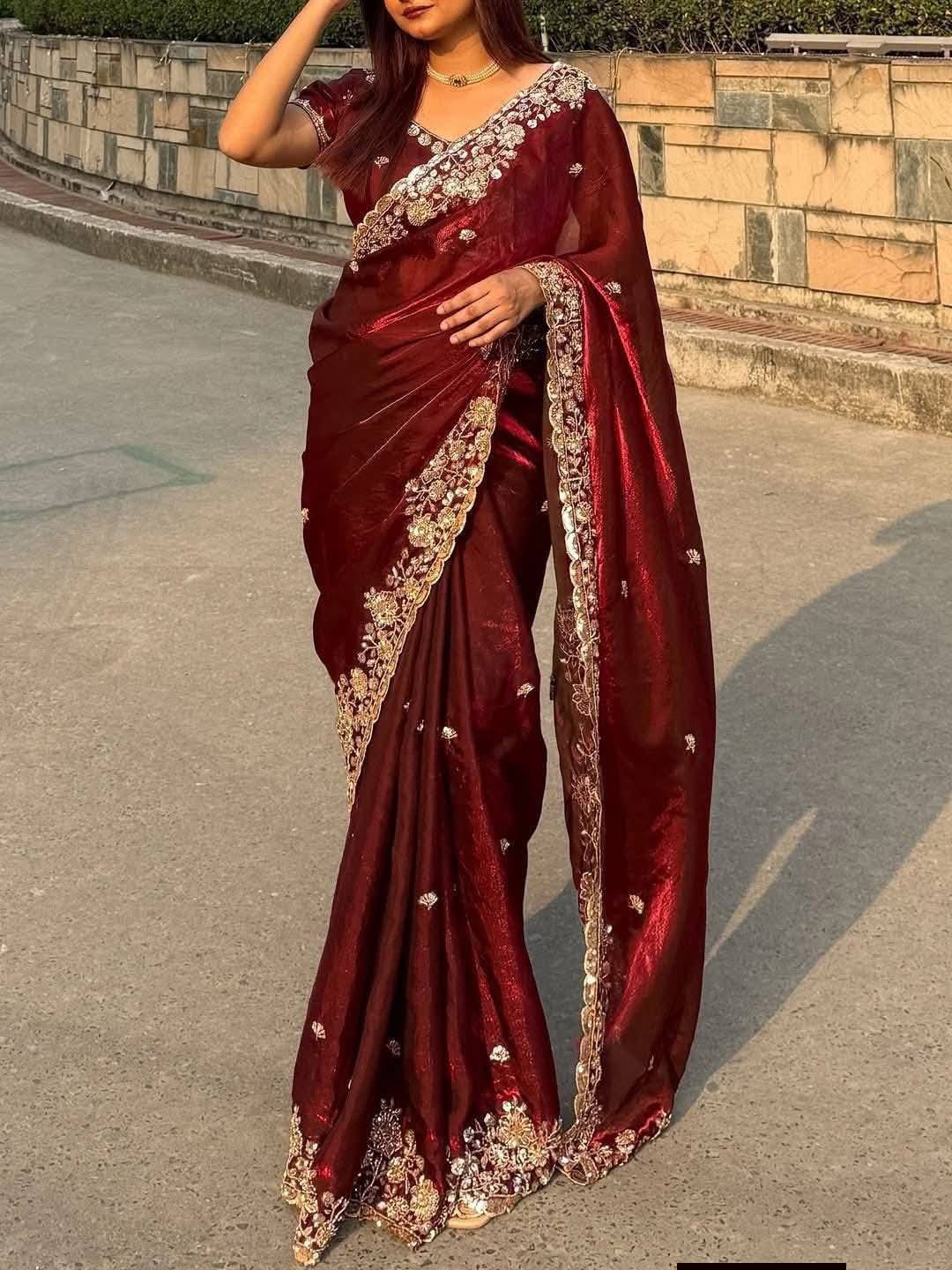 Indian Fendi Silk Saree with Sequins Embroidery Work