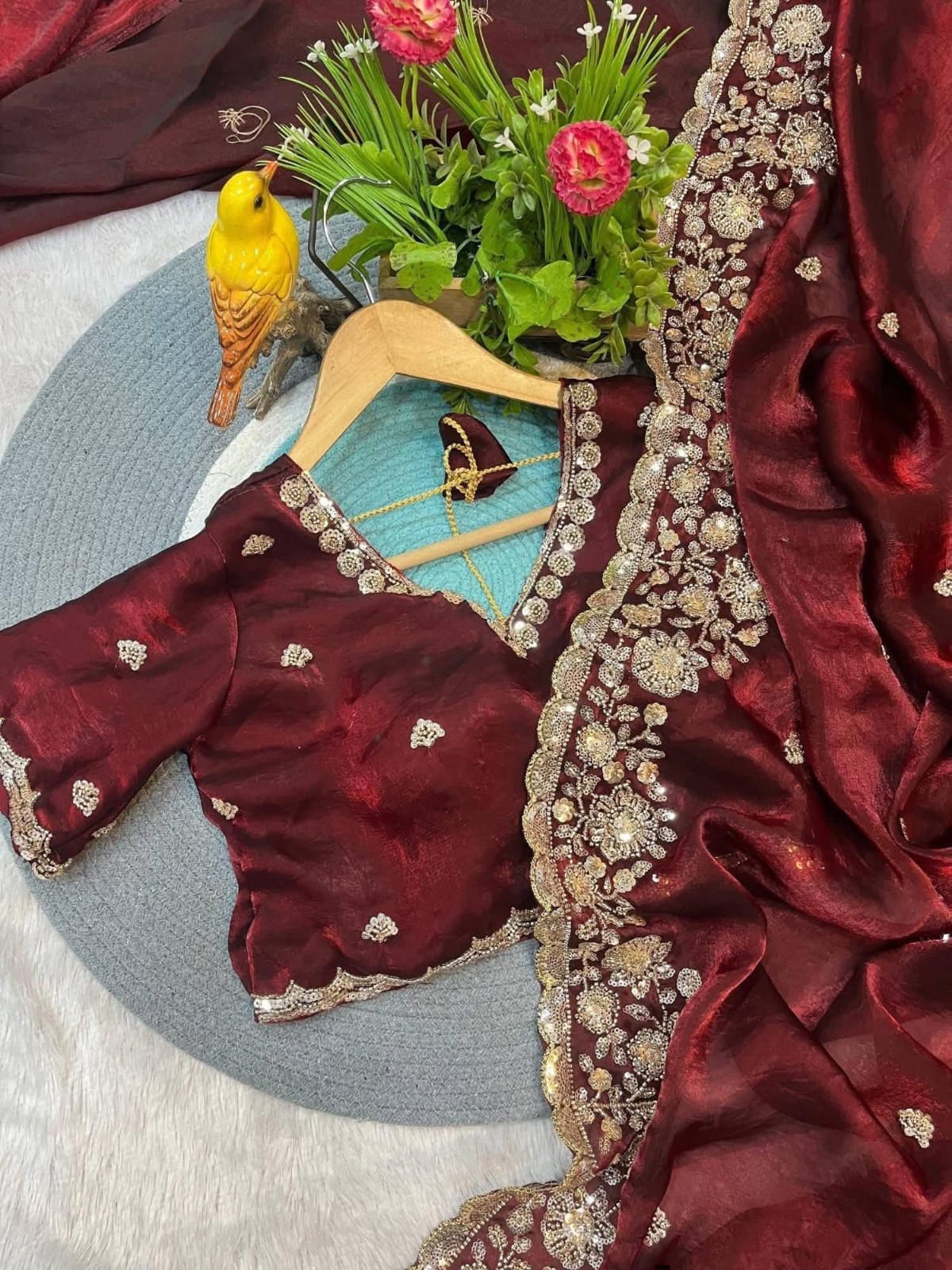 Indian Fendi Silk Saree with Sequins Embroidery Work