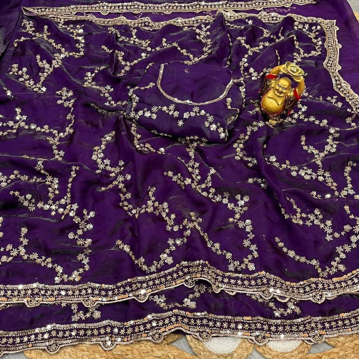 Indian Fendi Silk Saree with Sequins Embroidery Work