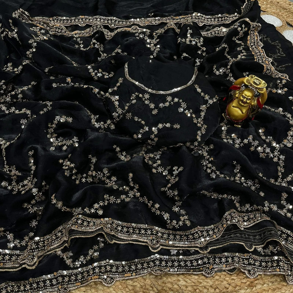 Indian Fendi Silk Saree with Sequins Embroidery Work