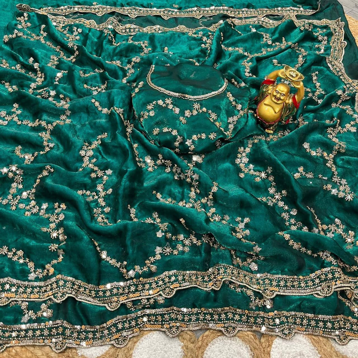 Indian Fendi Silk Saree with Sequins Embroidery Work