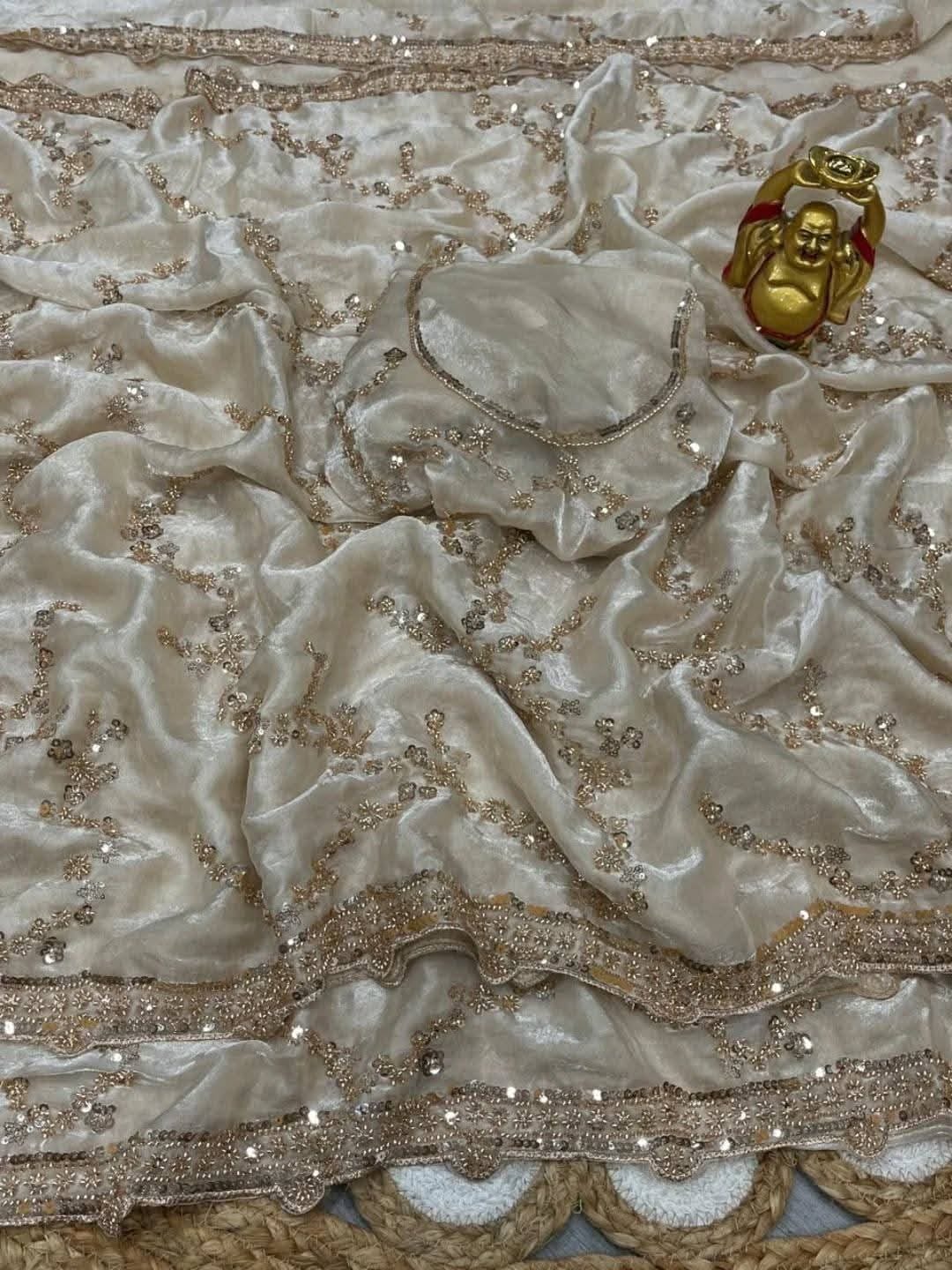 Indian Fendi Silk Saree with Sequins Embroidery Work