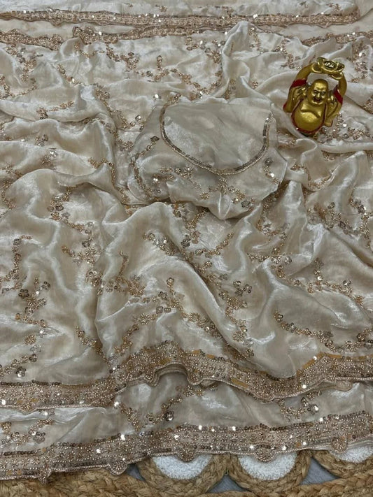 Indian Fendi Silk Saree with Sequins Embroidery Work