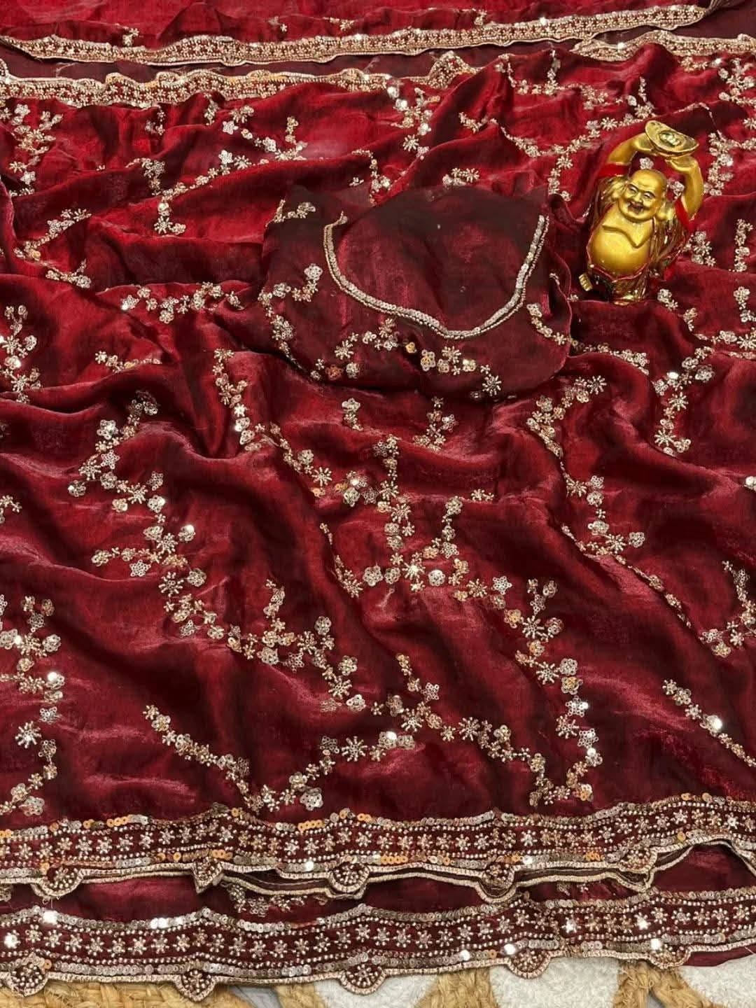 Indian Fendi Silk Saree with Sequins Embroidery Work