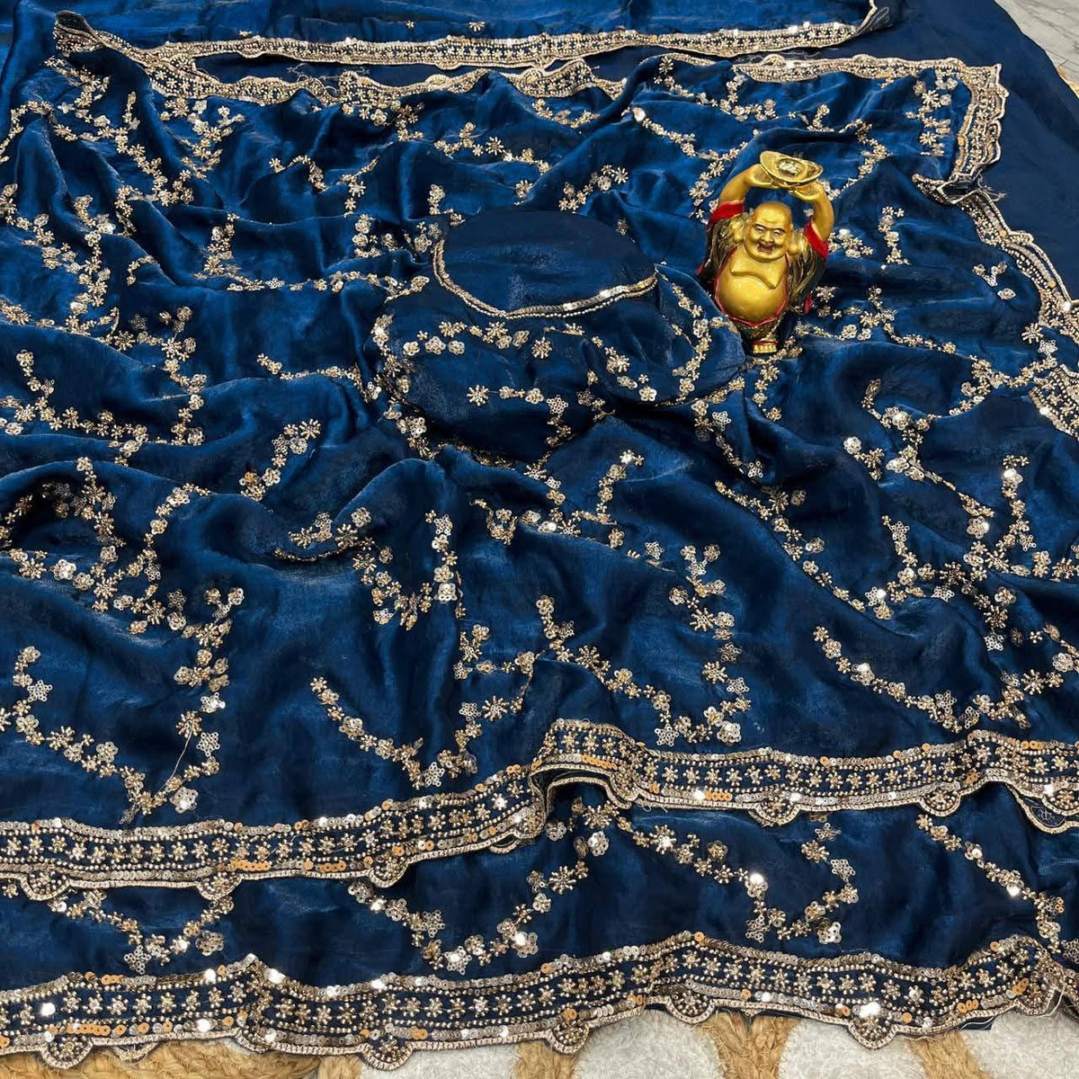 Indian Fendi Silk Saree with Sequins Embroidery Work