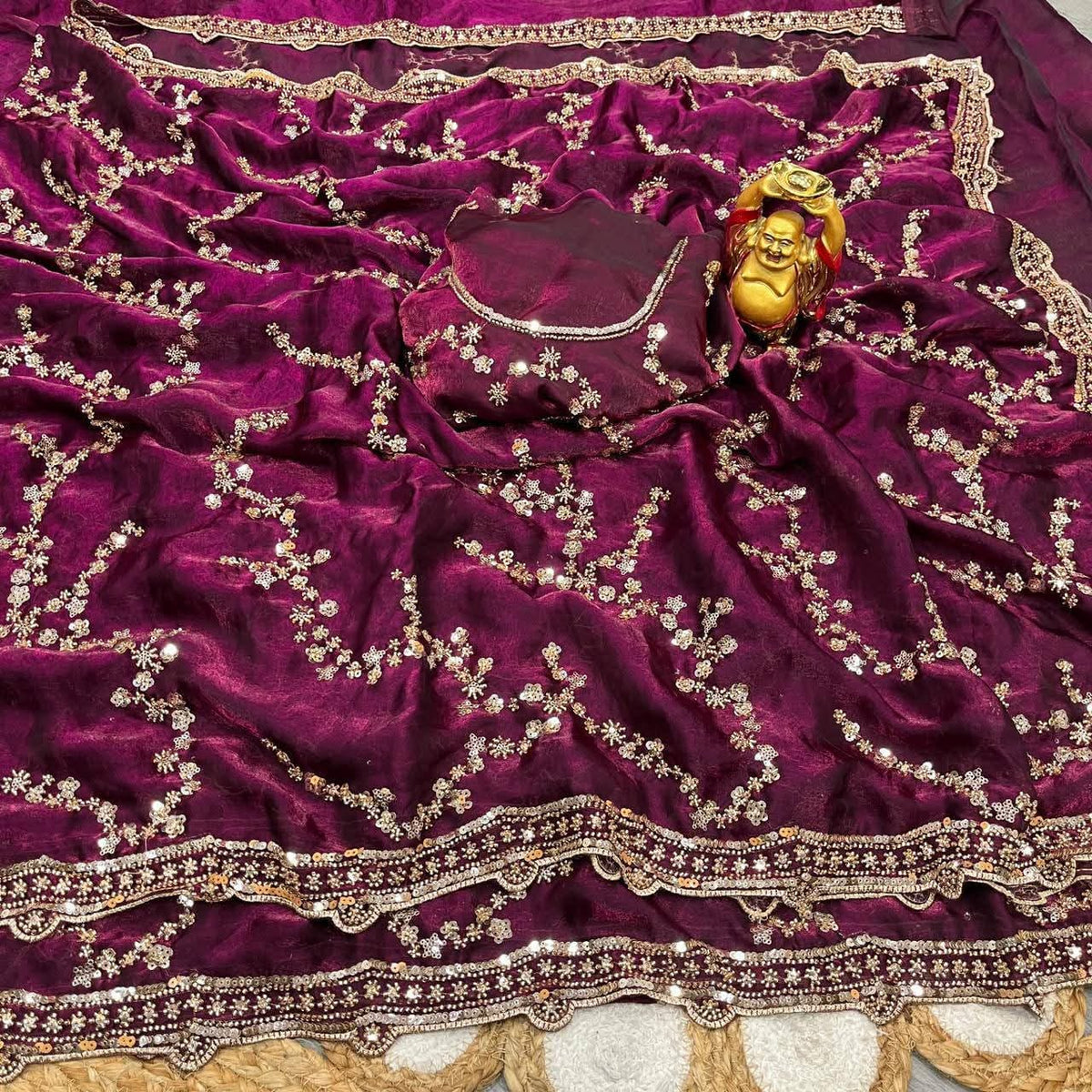 Indian Fendi Silk Saree with Sequins Embroidery Work