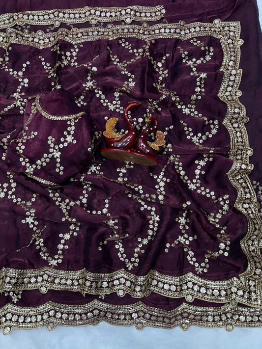 Indian Fendi Silk Saree with Sequins Embroidery Work