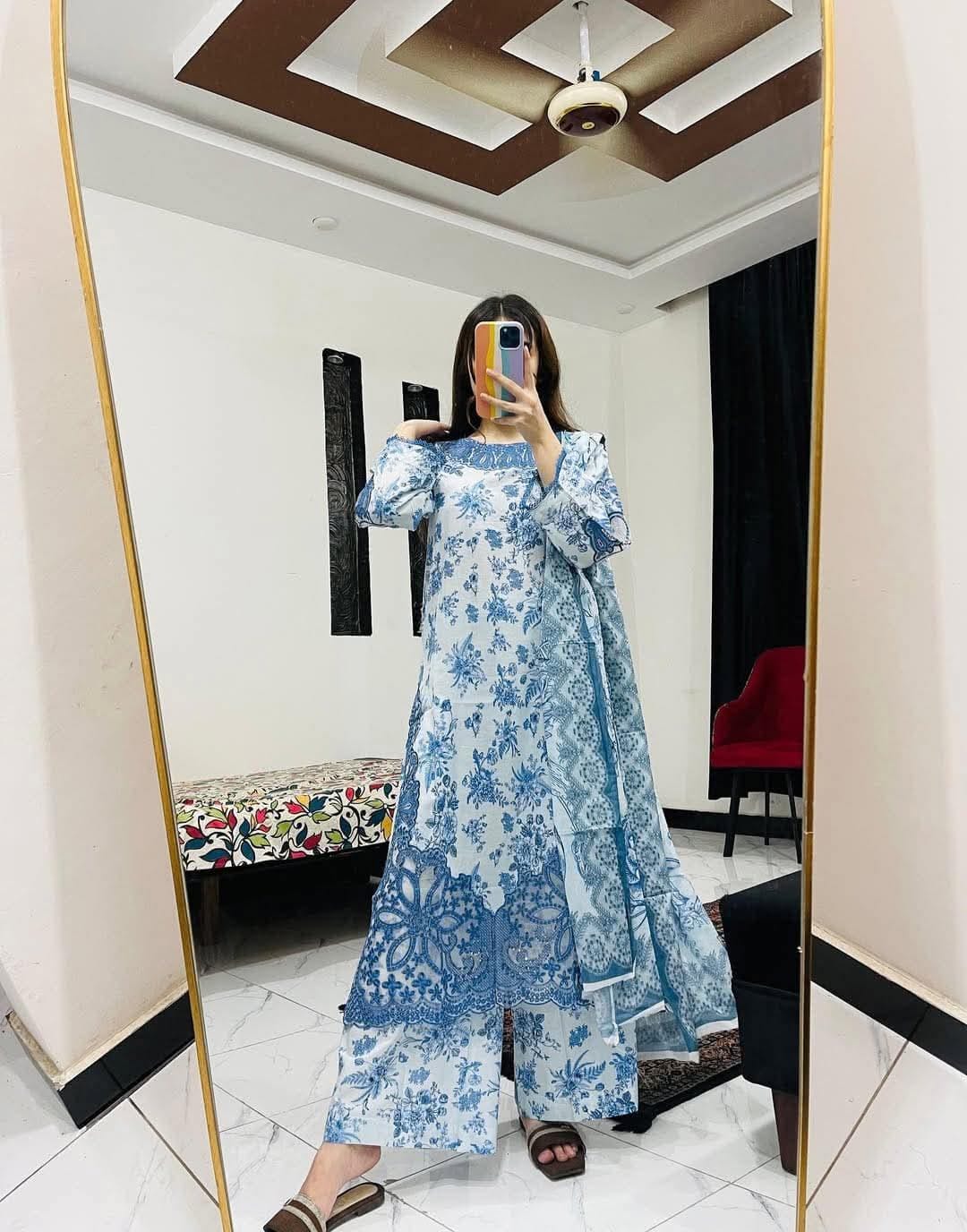 Women's Premium Cotton Embroidered Three Piece Set