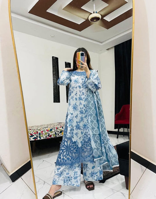 Women's Premium Cotton Embroidered Three Piece Set