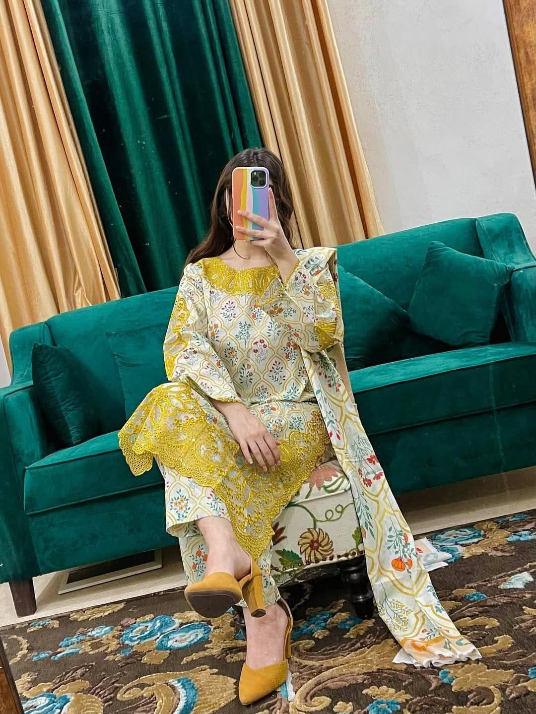 Women's Premium Cotton Embroidered Three Piece Set