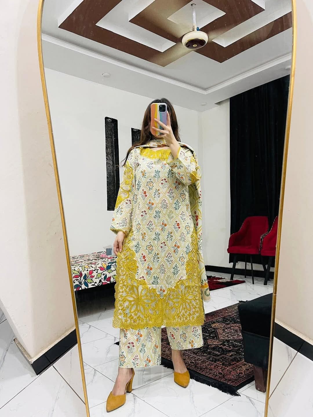 Women's Premium Cotton Embroidered Three Piece Set