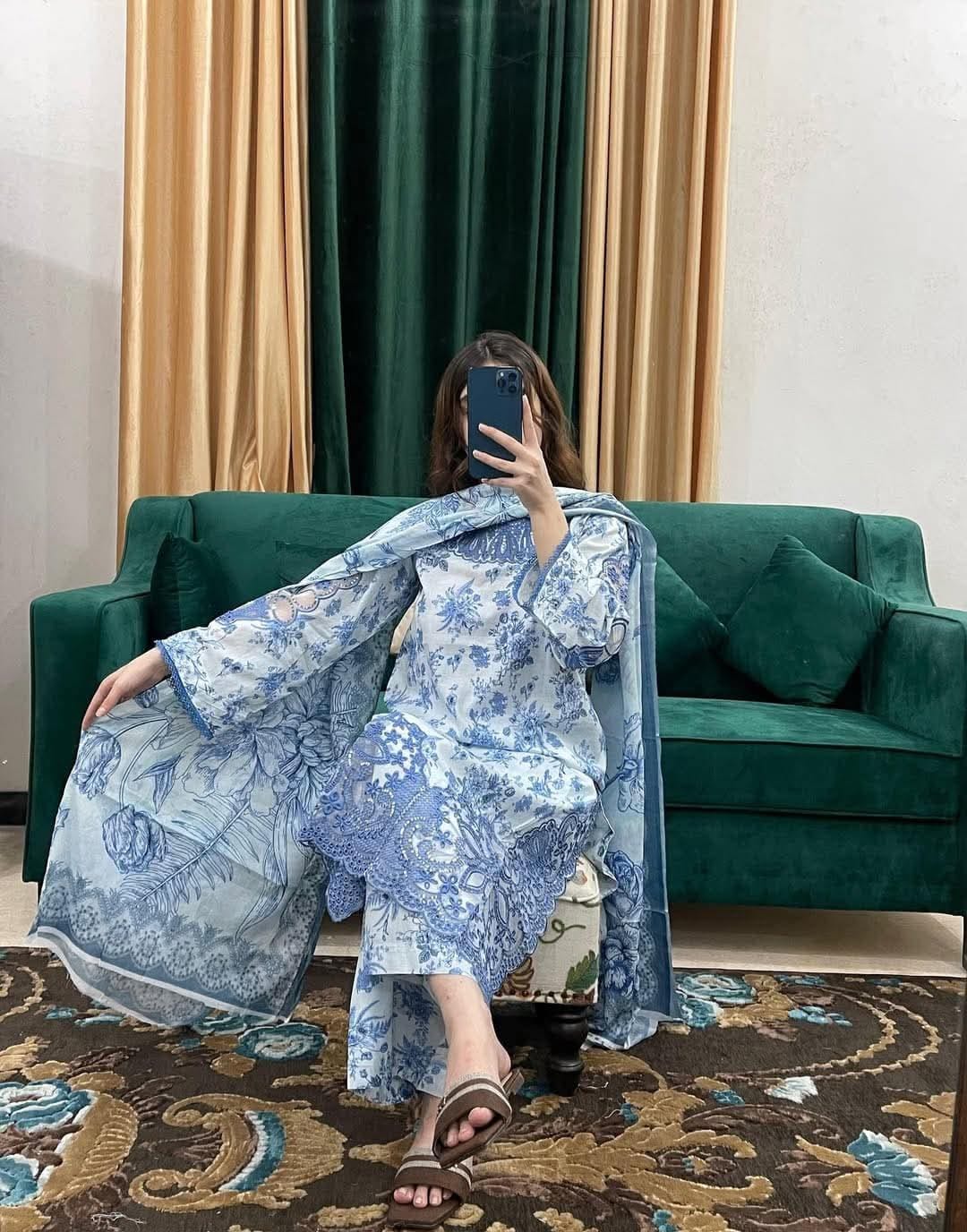 Women's Premium Cotton Embroidered Three Piece Set