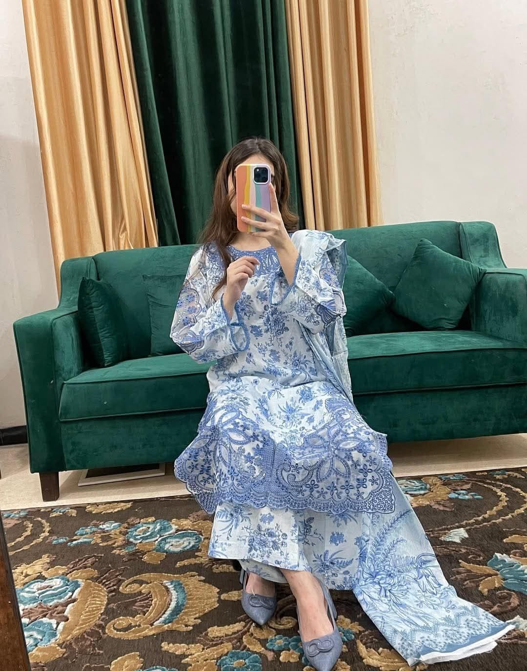 Women's Premium Cotton Embroidered Three Piece Set